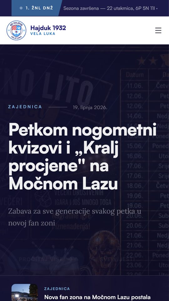 Mobilni prikaz službene stranice hajduk1932.com